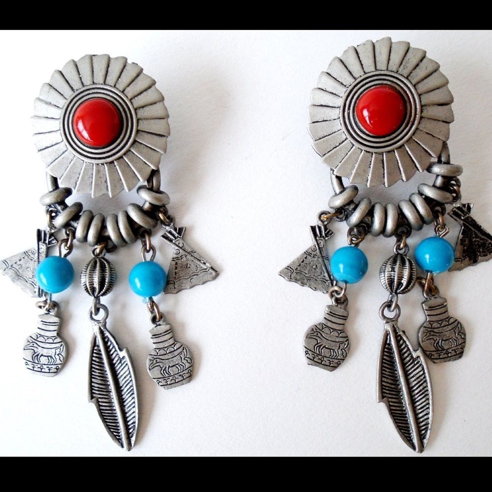 DON LIN Southwest Charm Earrings, 70s American Indian Dangle Clip Earrings